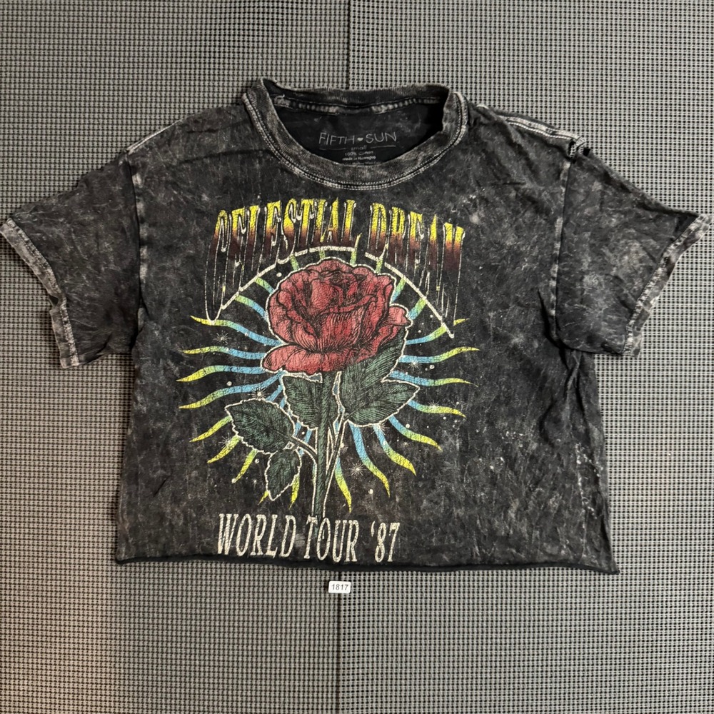 Fifth Sun Celestial Dream World Tour 87 Graphic Crop Tee Acid Wash Black Small